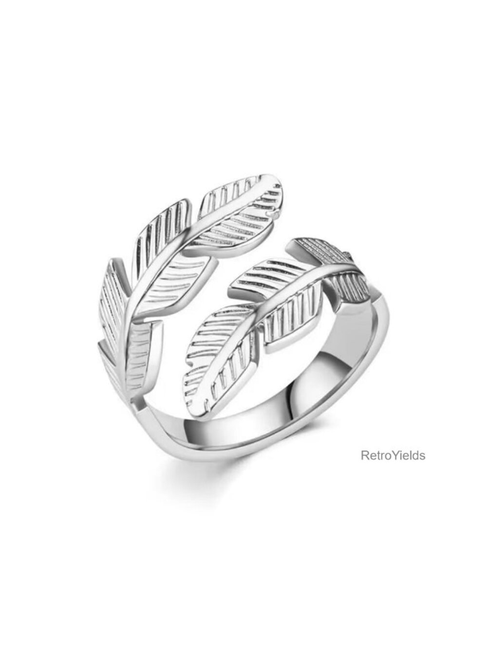Adjustable Stainless Steel Feather Leaf Ring Men Women Open Band Statement